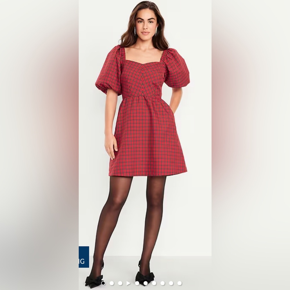 Old Navy Puff-Sleeve Plaid Fit & Flare Taffeta Mini Dress